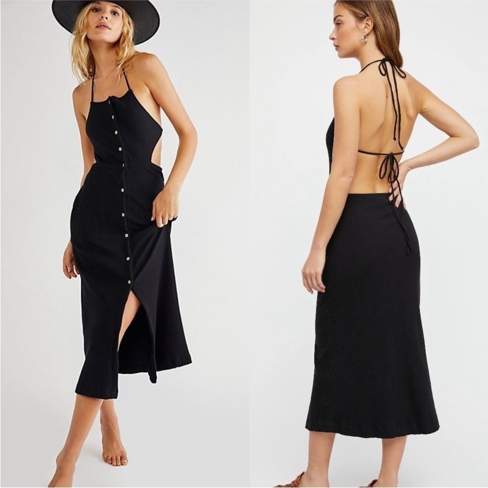 Free People FP Beach Margaret Ribbed Cut Out Backless Midi Dress Black